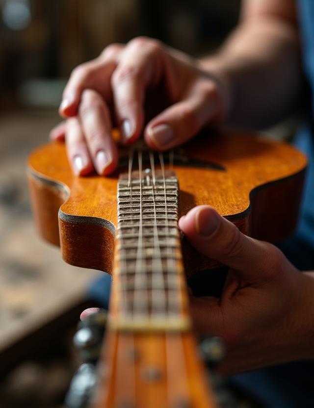 Maestro guitarrero trabajando en su taller del centro de Madrid